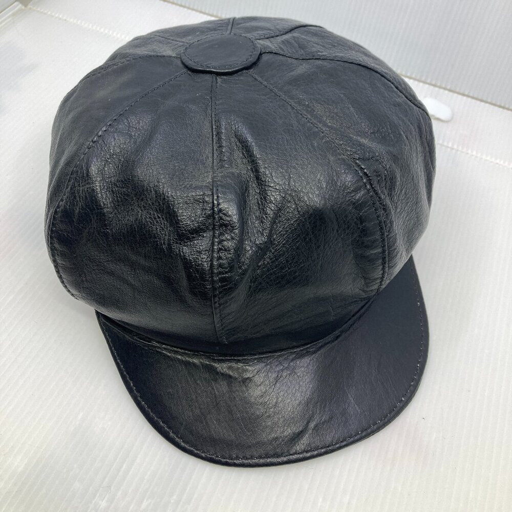 Vtg 1960 fashion black leather cap hat size large adjustable to 21 1/2"-23"